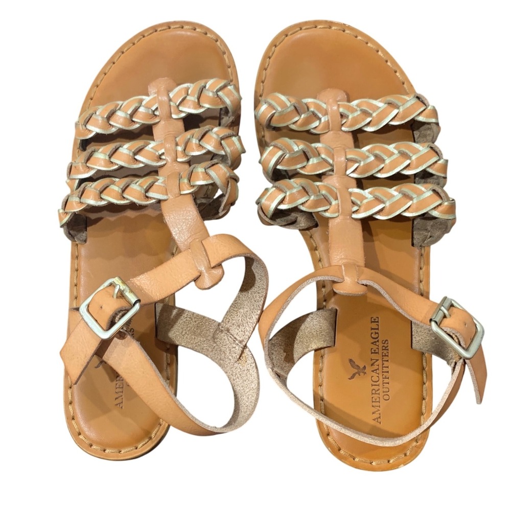 American Eagle Braided T Strap Boho Sandals Tan Buckle Flat Womens Size 8